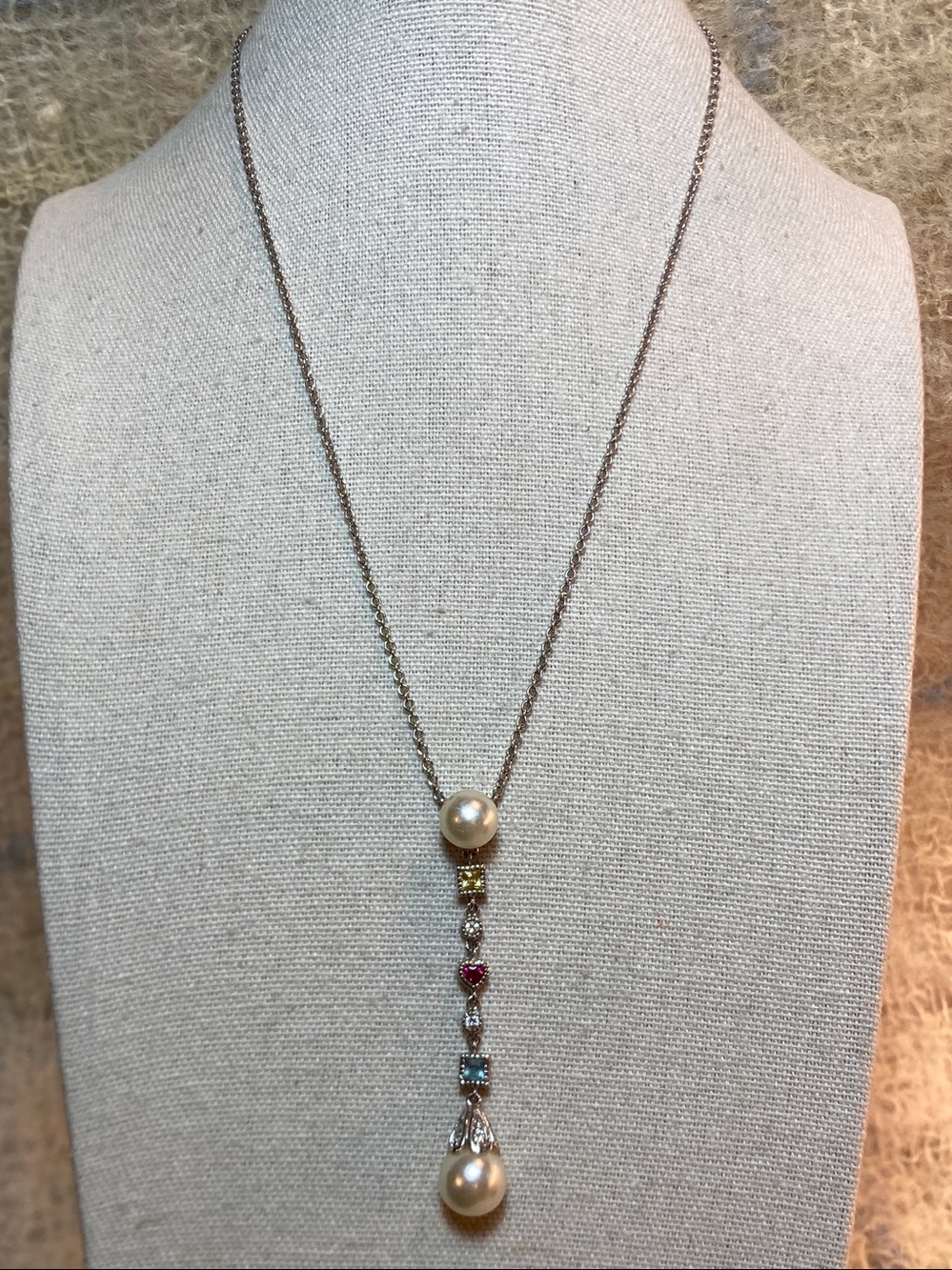 925 Sterling Silver Pearl & Multistone Drop Necklace 17” Extender